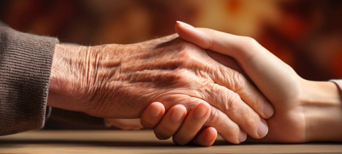 Eine ältere Hand ruht in einer jüngeren Hand